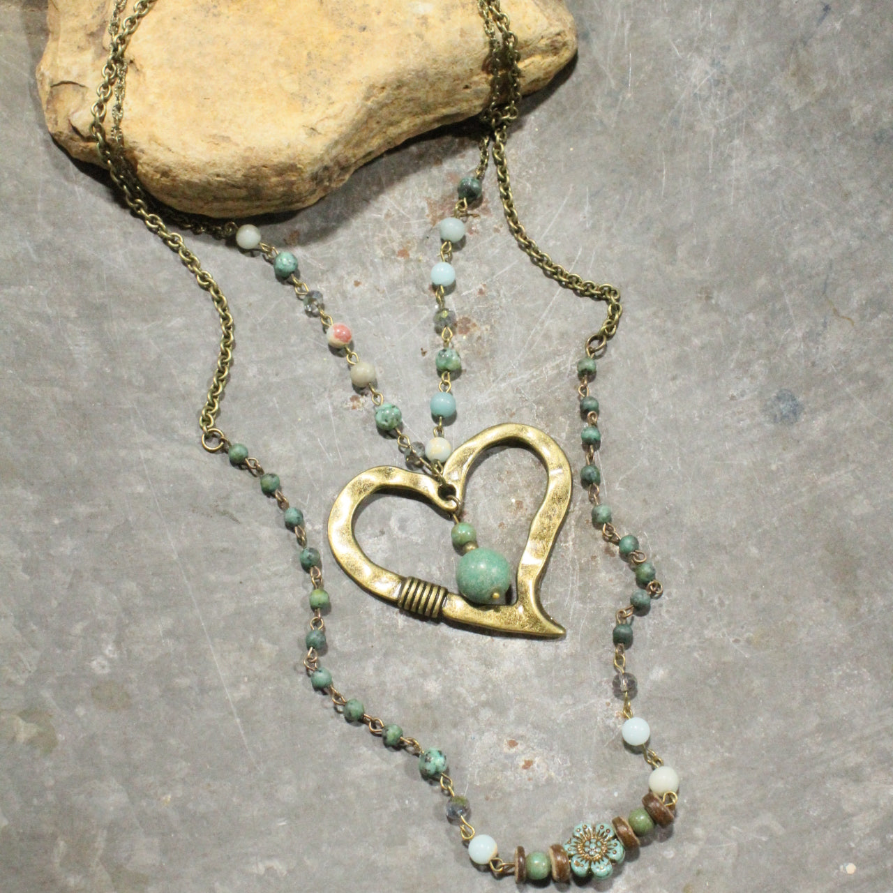 Czech & Bronze Layered Mint Heart Charm Necklace