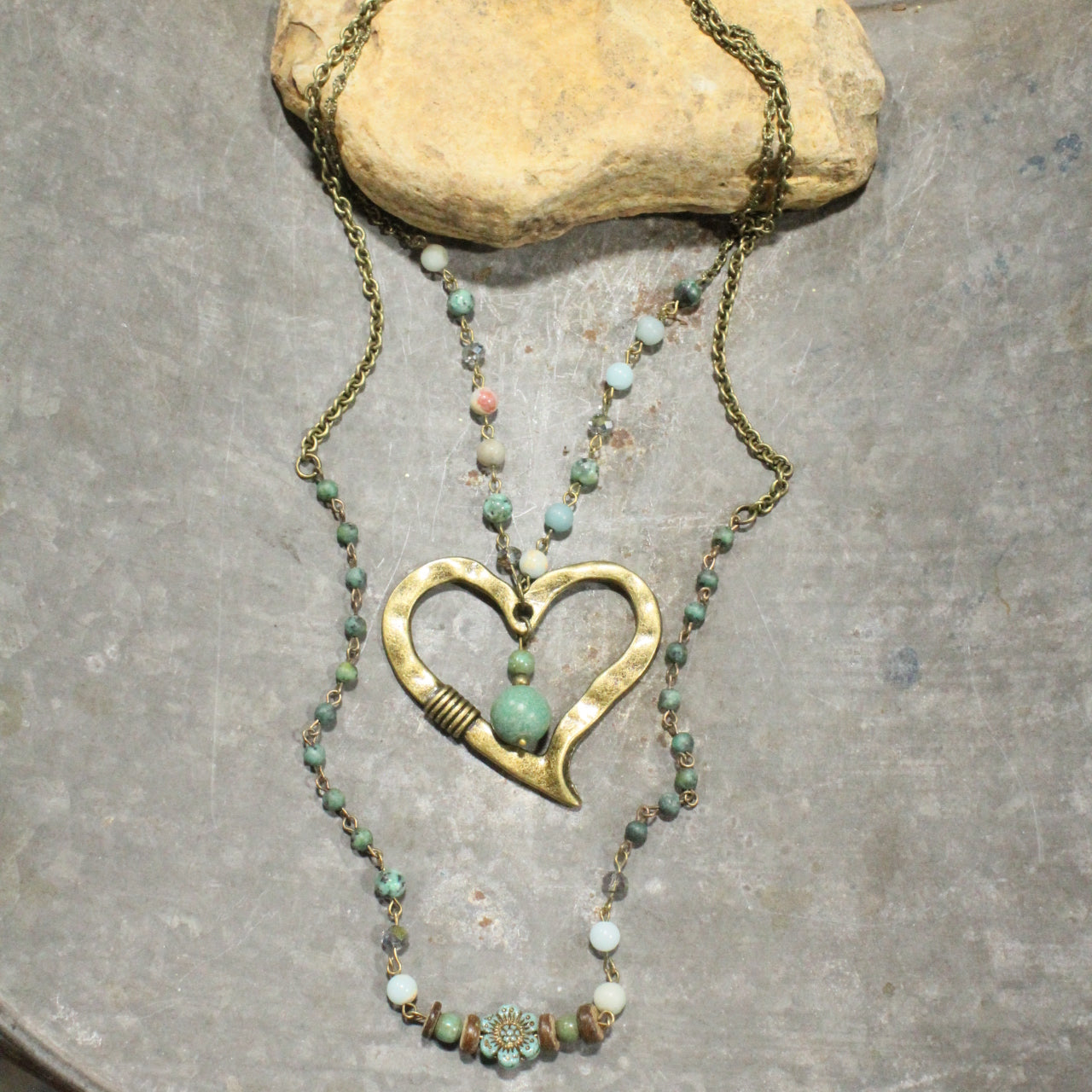 Czech & Bronze Layered Mint Heart Charm Necklace