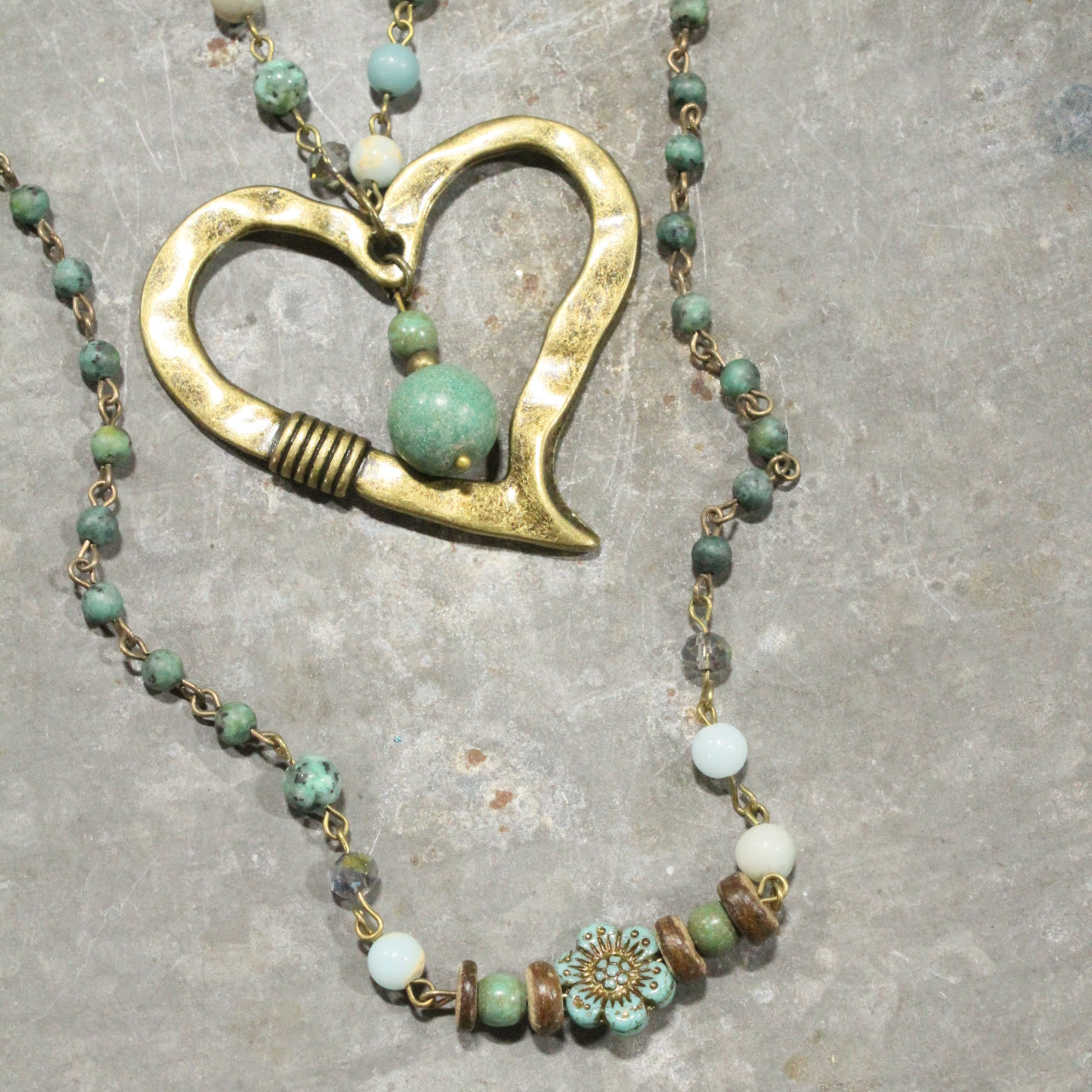 Czech & Bronze Layered Mint Heart Charm Necklace