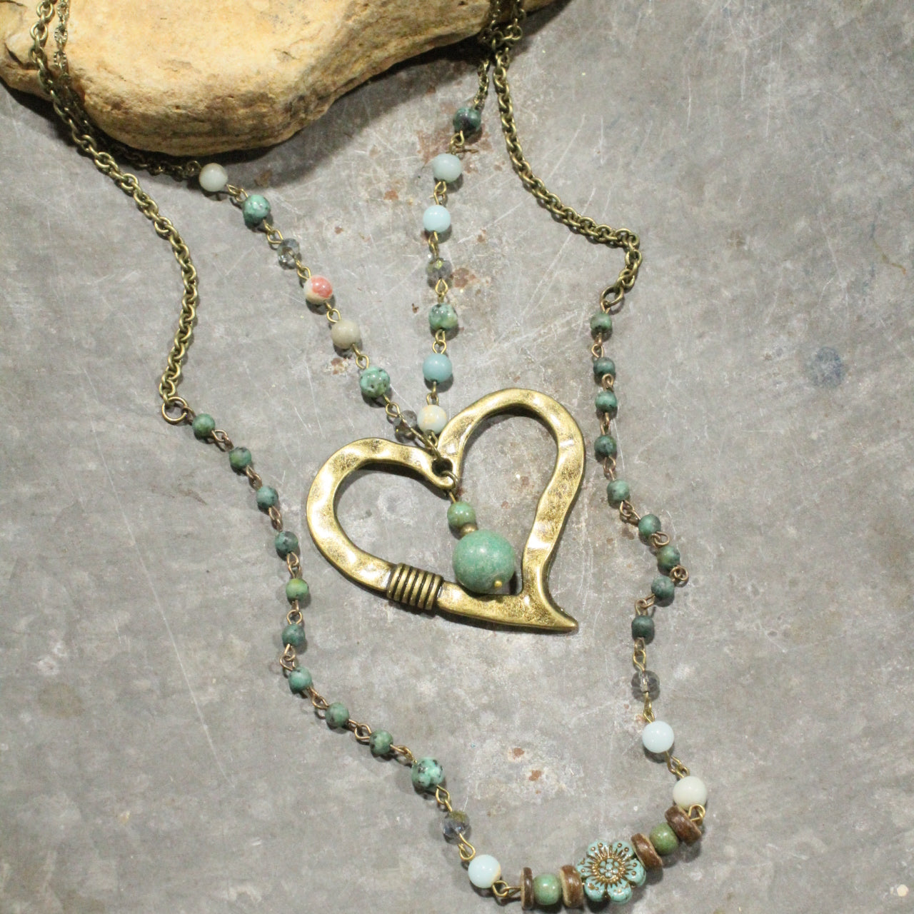 Czech & Bronze Layered Mint Heart Charm Necklace