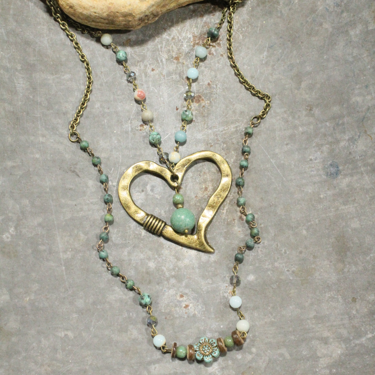 Czech & Bronze Layered Mint Heart Charm Necklace