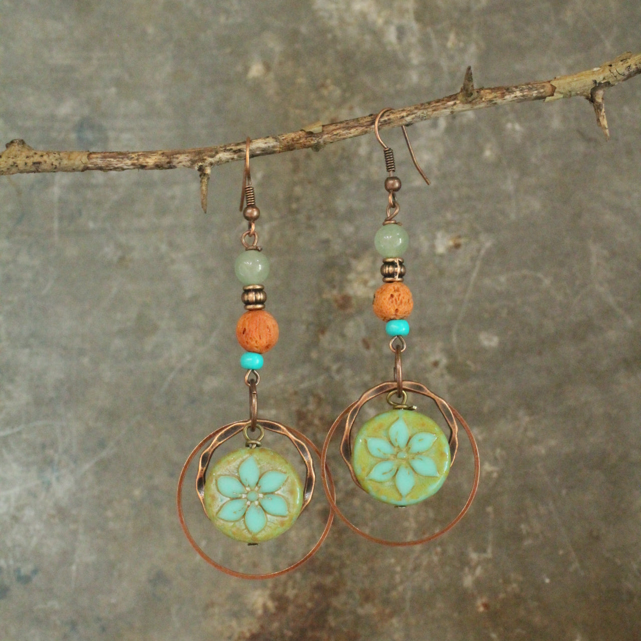 Turquoise Flower Coin Bead Earrings