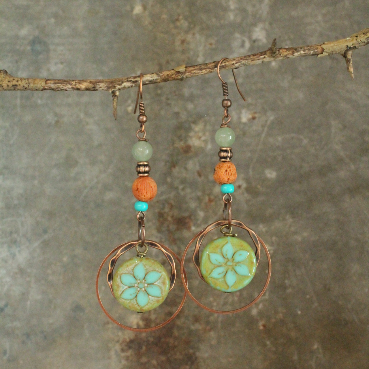 Turquoise Flower Coin Bead Earrings