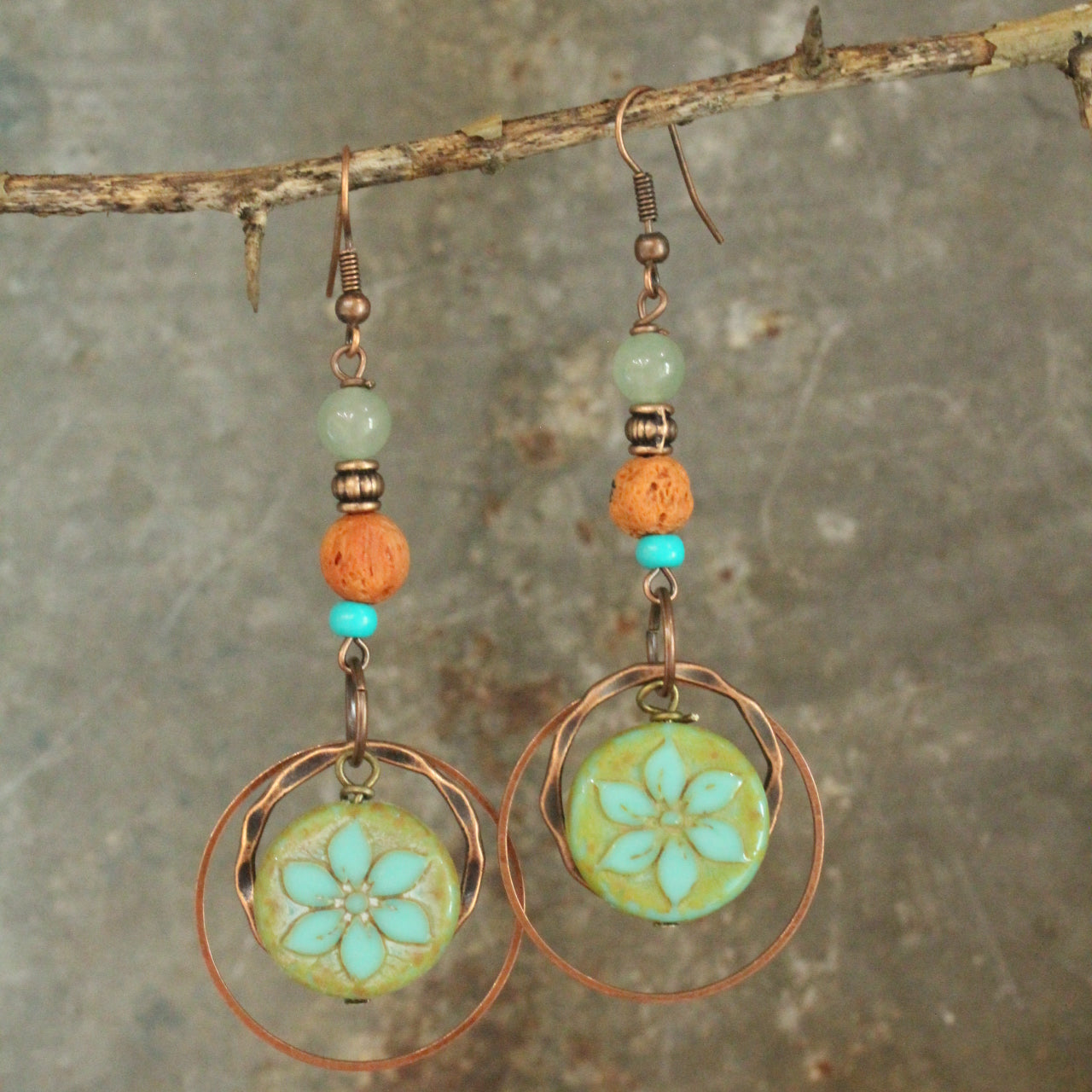 Turquoise Flower Coin Bead Earrings