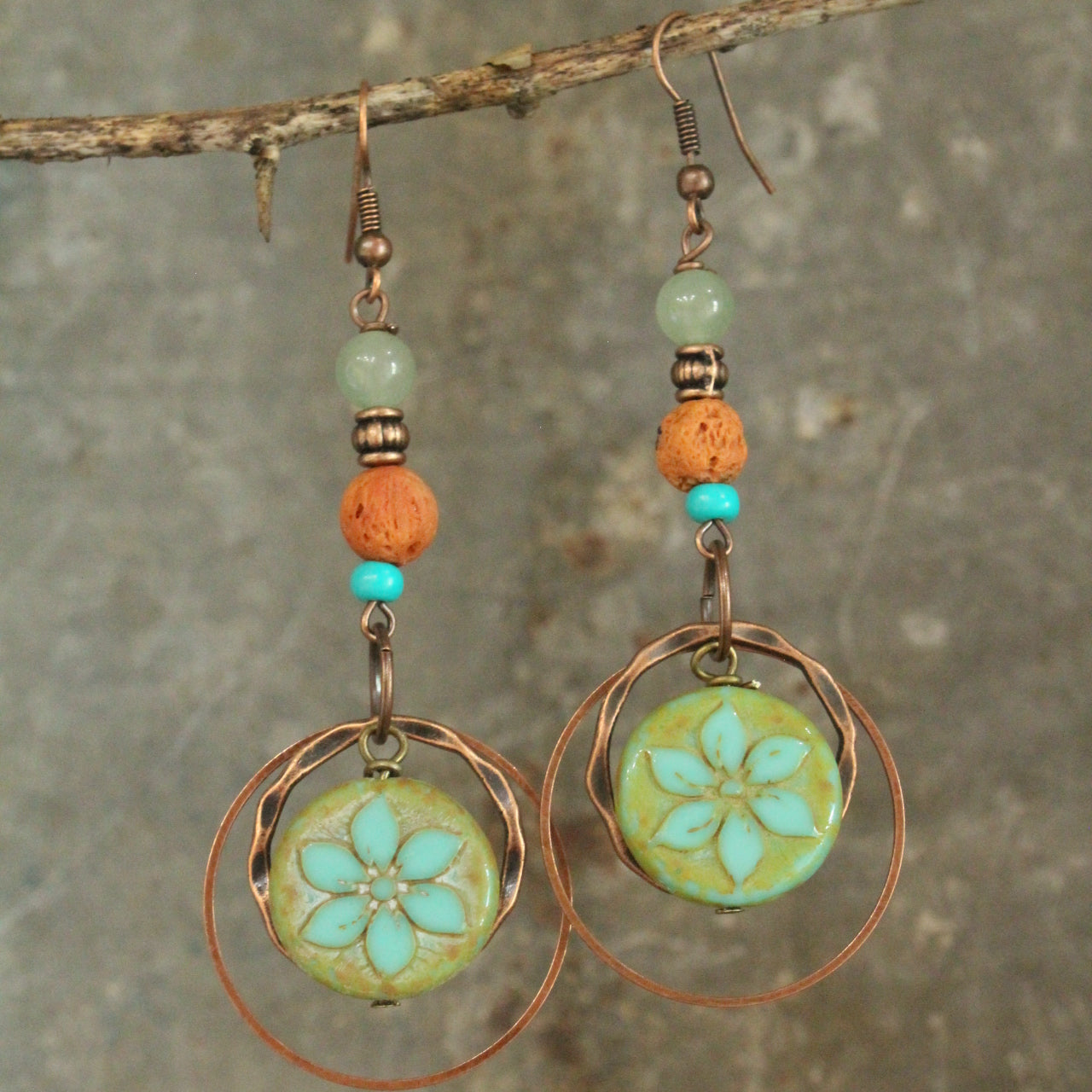 Turquoise Flower Coin Bead Earrings