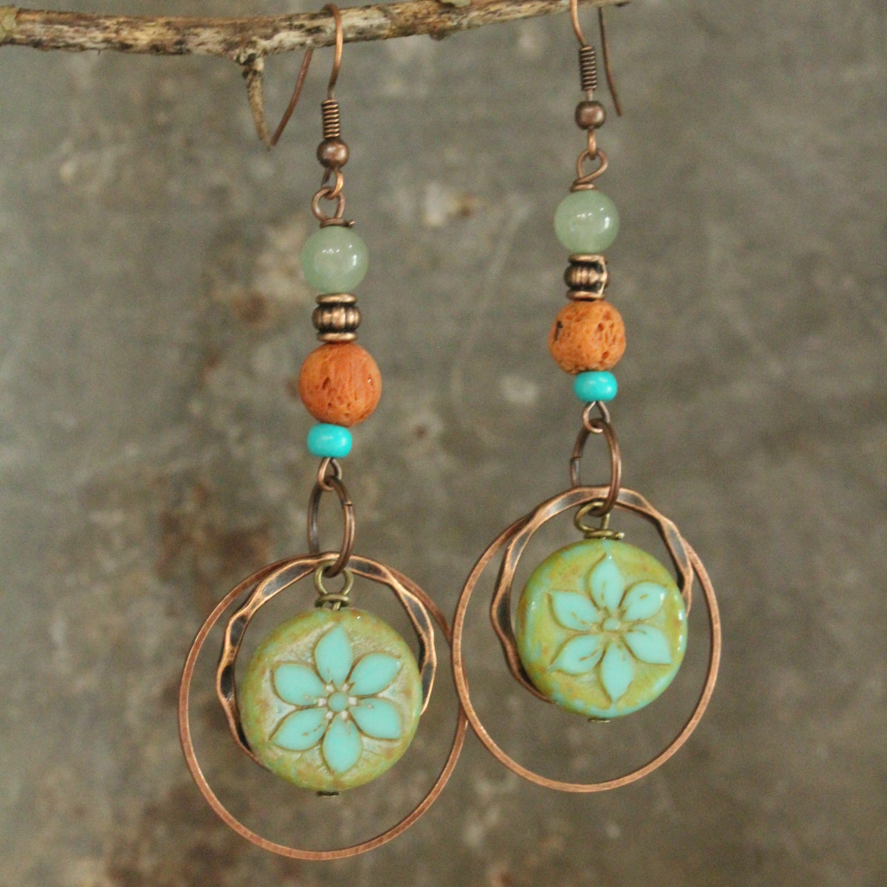 Turquoise Flower Coin Bead Earrings