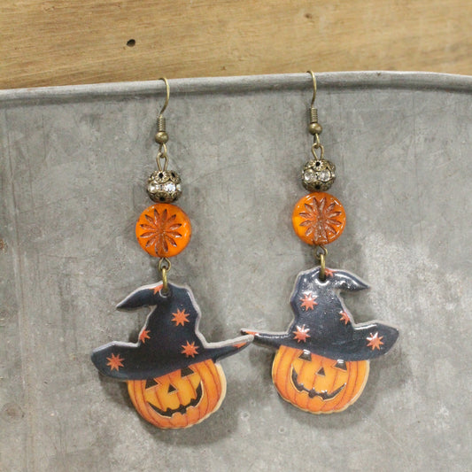 Witchy Jack-O-Lantern Dangle Drop Earrings