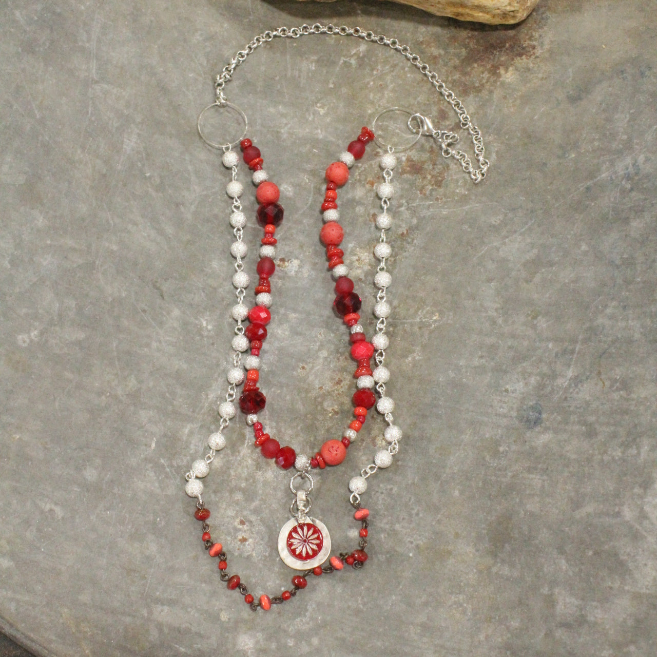 Red Opaline Platinum Coin Bead Necklace