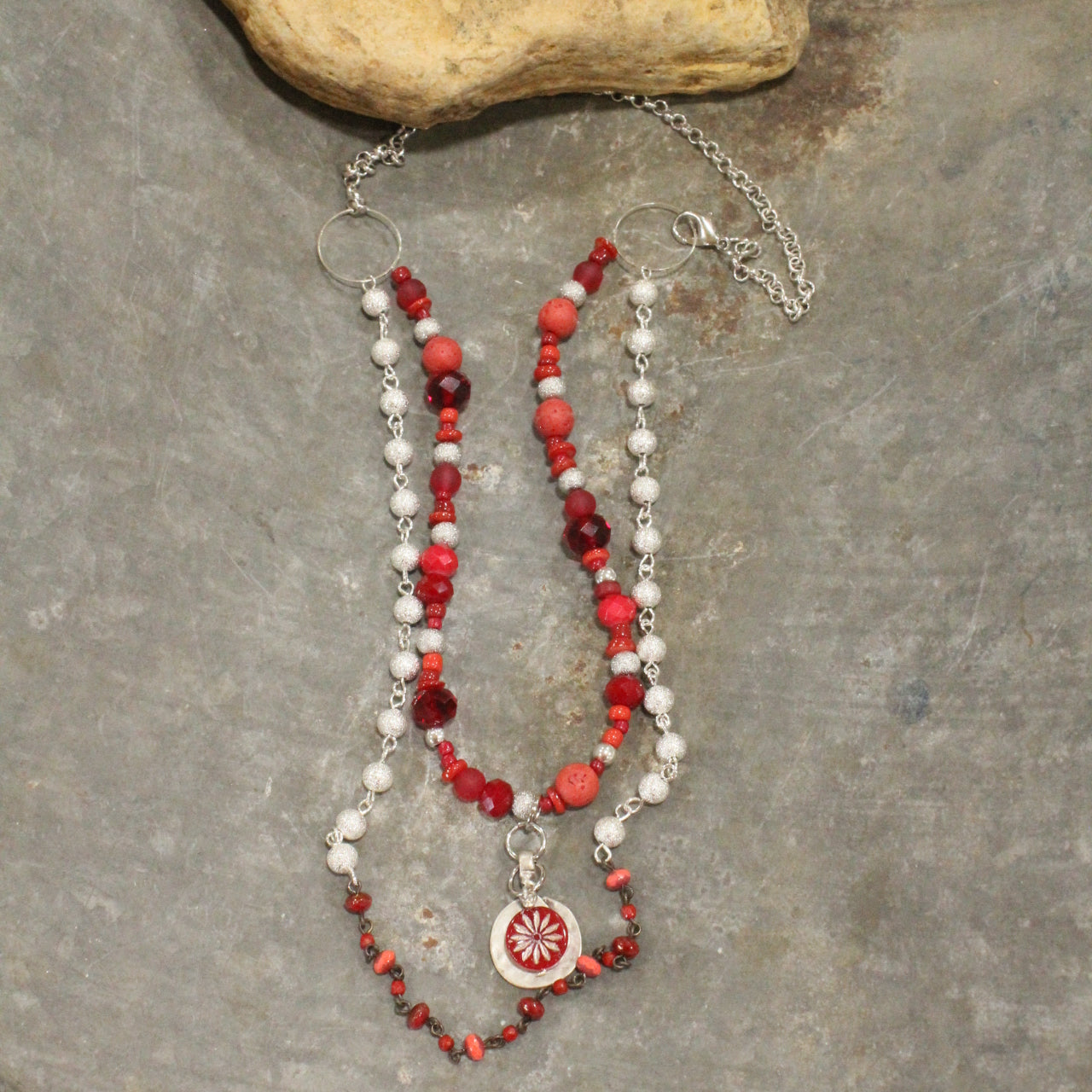 Red Opaline Platinum Coin Bead Necklace