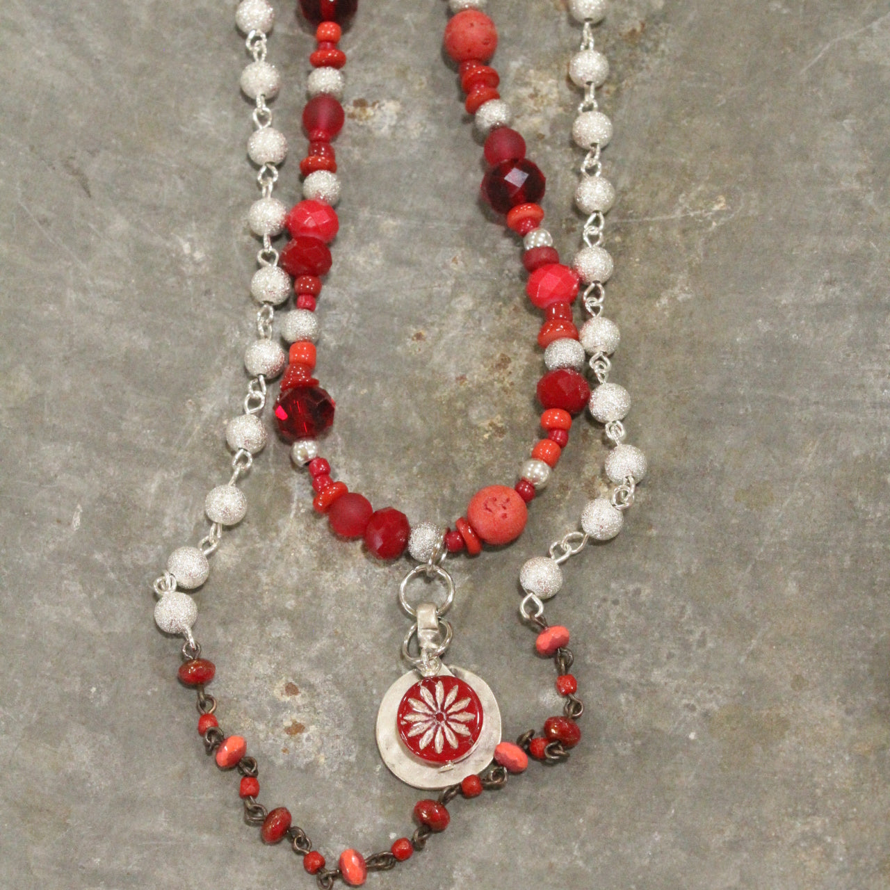 Red Opaline Platinum Coin Bead Necklace