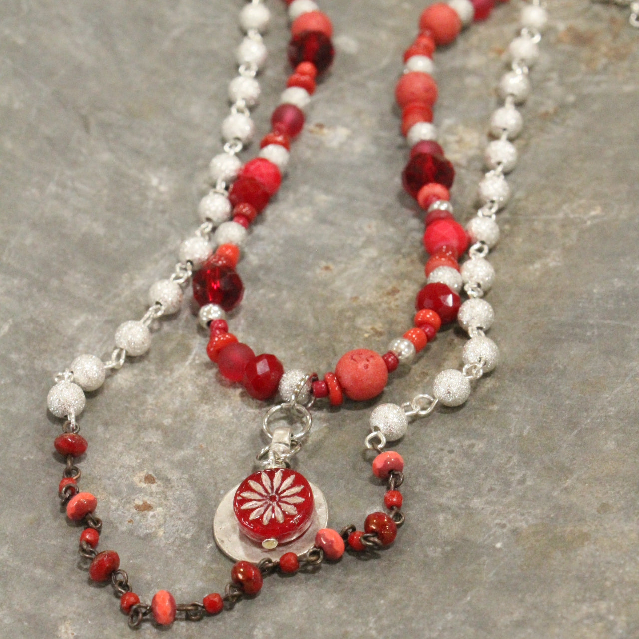 Red Opaline Platinum Coin Bead Necklace