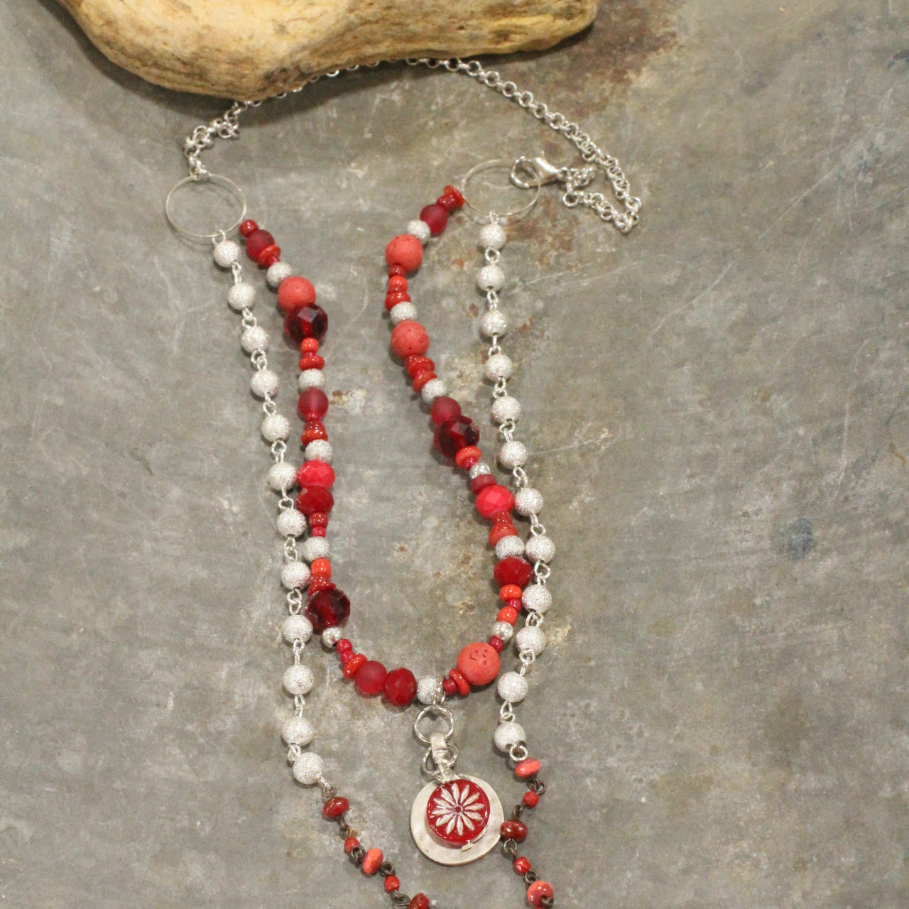 Red Opaline Platinum Coin Bead Necklace