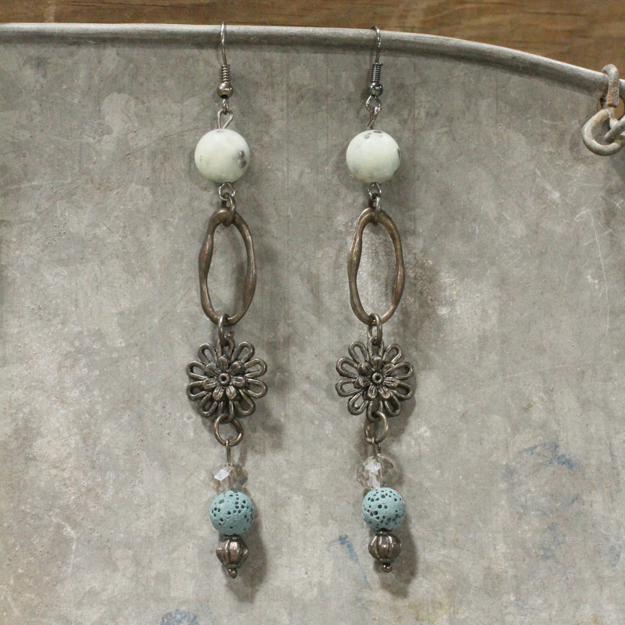 Gunmetal & Jade Stone Drop Earrings