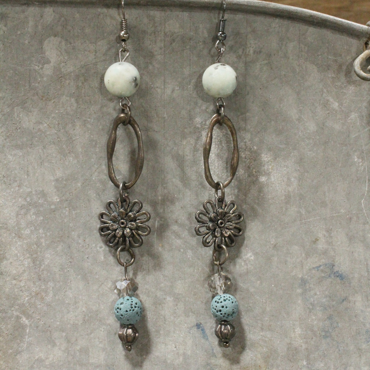 Gunmetal & Jade Stone Drop Earrings