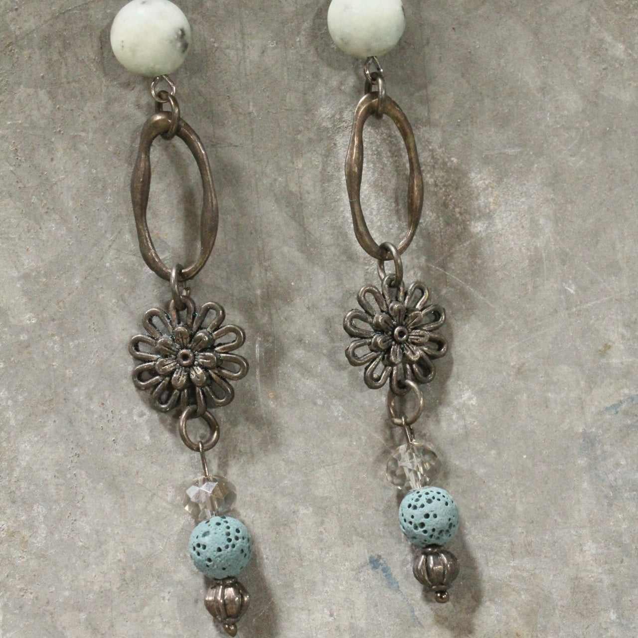 Gunmetal & Jade Stone Drop Earrings