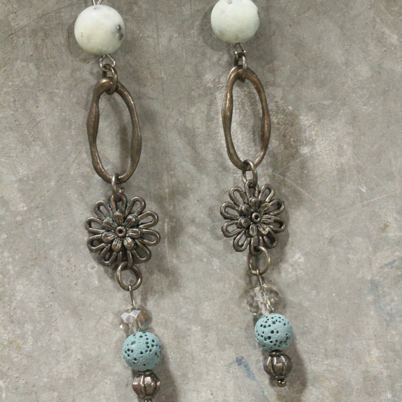 Gunmetal & Jade Stone Drop Earrings