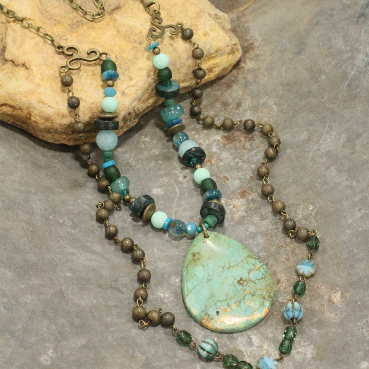 Czech Turquoise Picasso Flower Bead Necklace