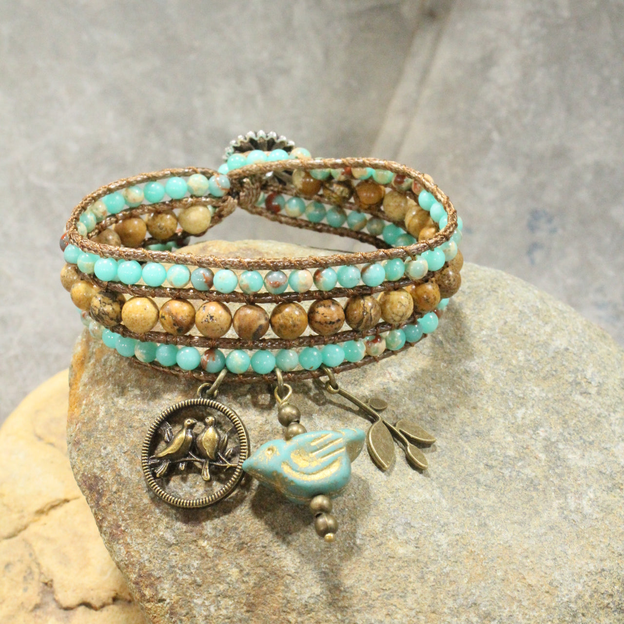 Bronze, Leather, & Stone  Bird Charm Bracelet