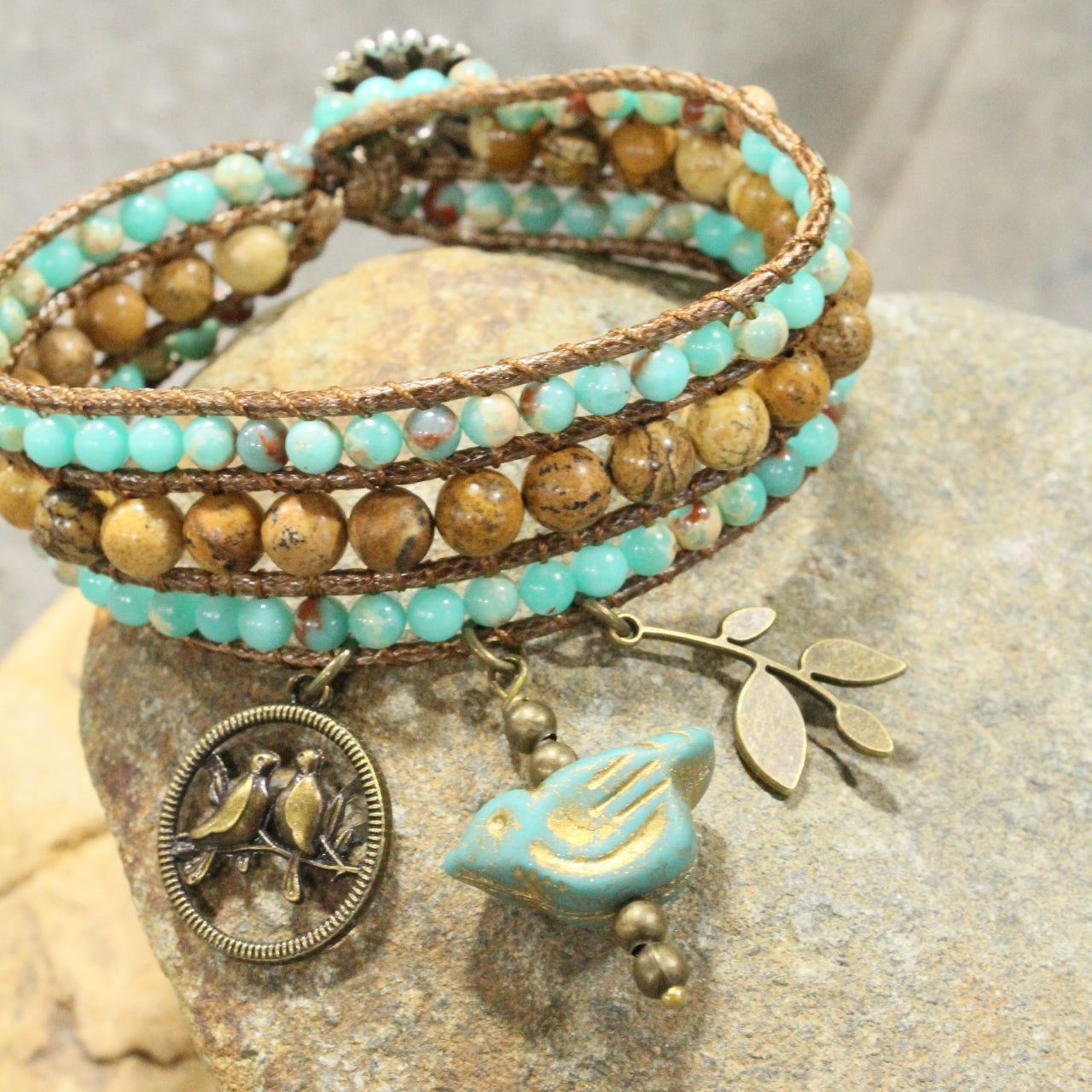 Bronze, Leather, & Stone  Bird Charm Bracelet