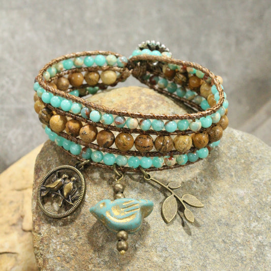 Bronze, Leather, & Stone  Bird Charm Bracelet