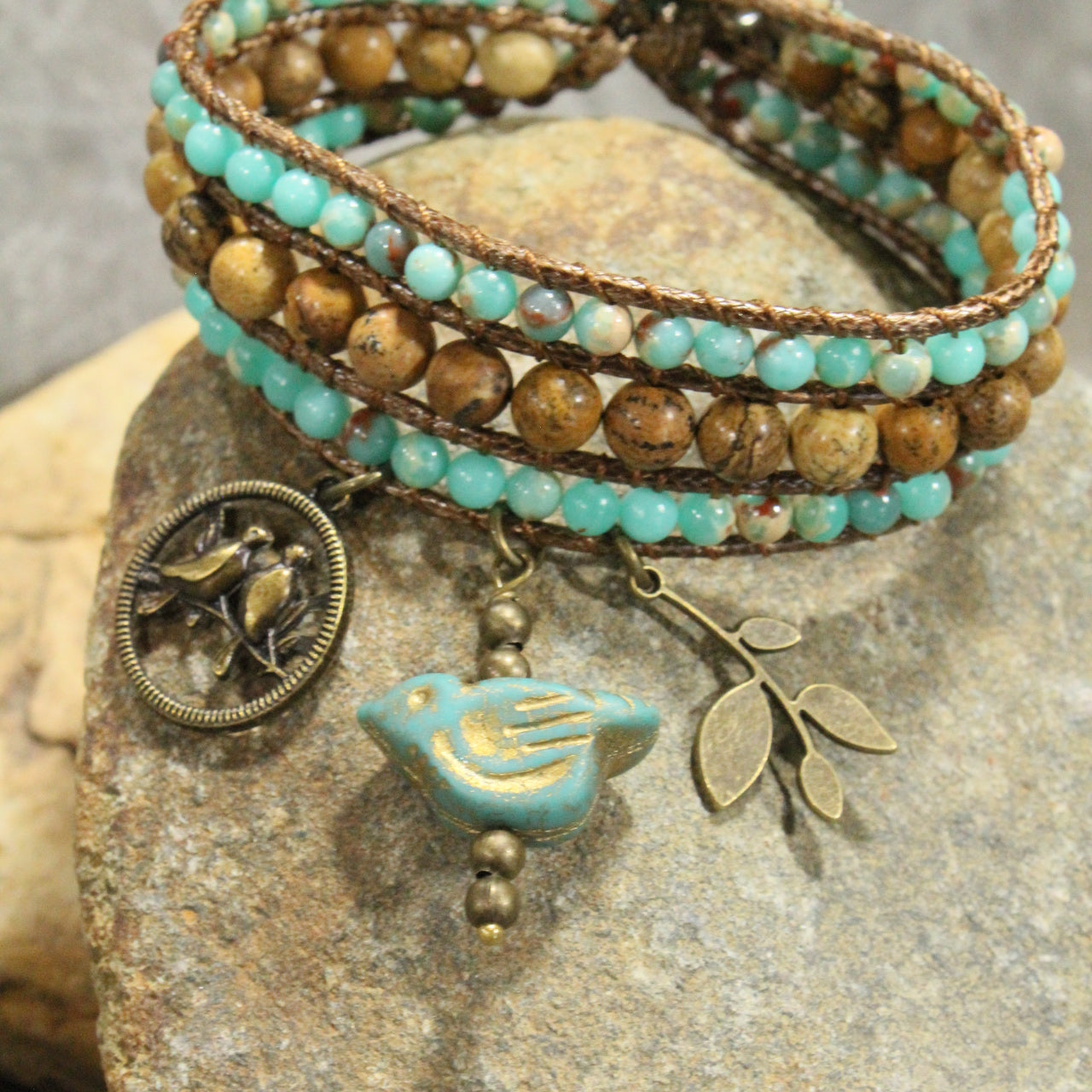 Bronze, Leather, & Stone  Bird Charm Bracelet