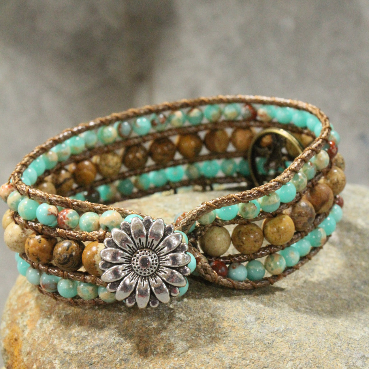 Bronze, Leather, & Stone  Bird Charm Bracelet