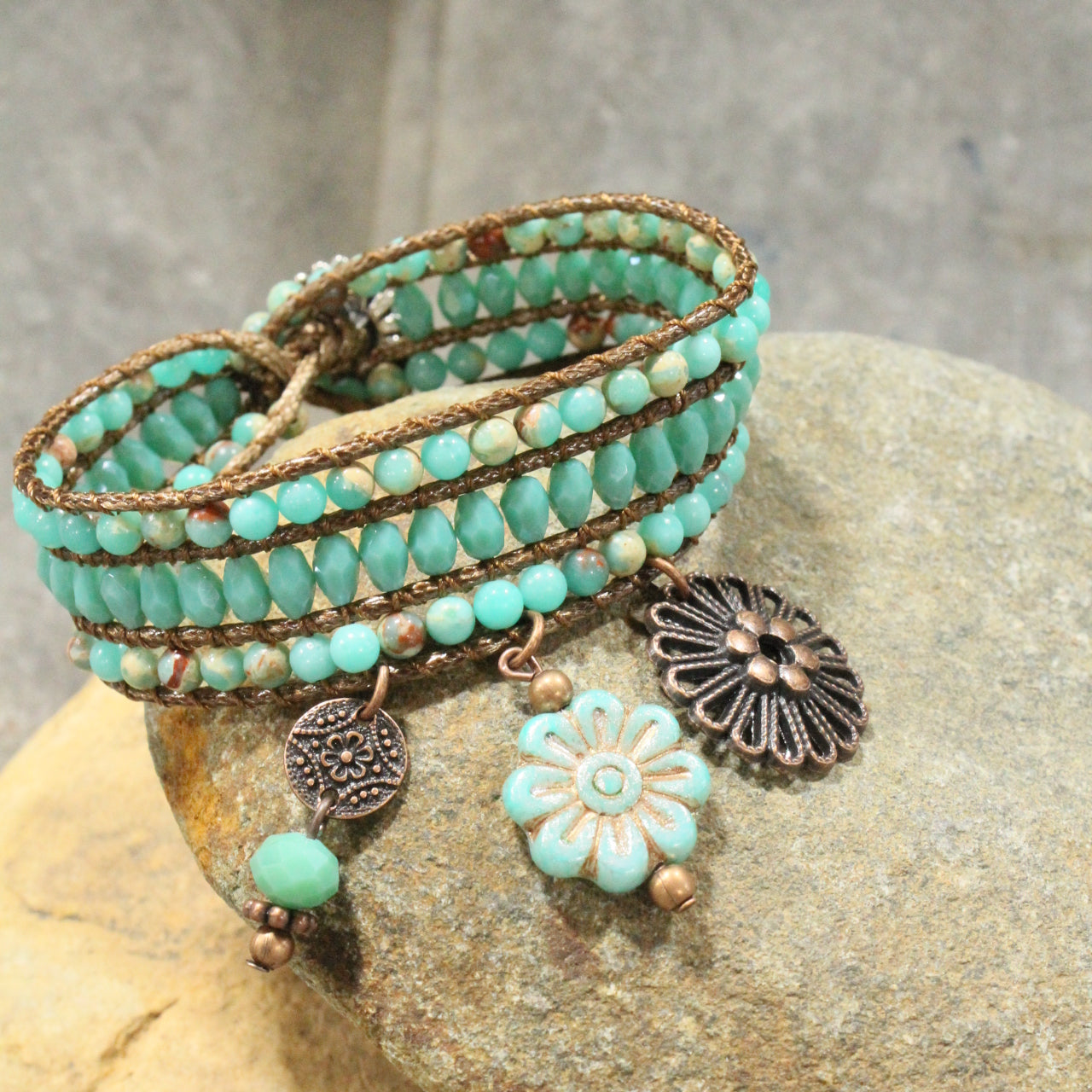 Copper, Leather, & Stone  Flower Charm Bracelet