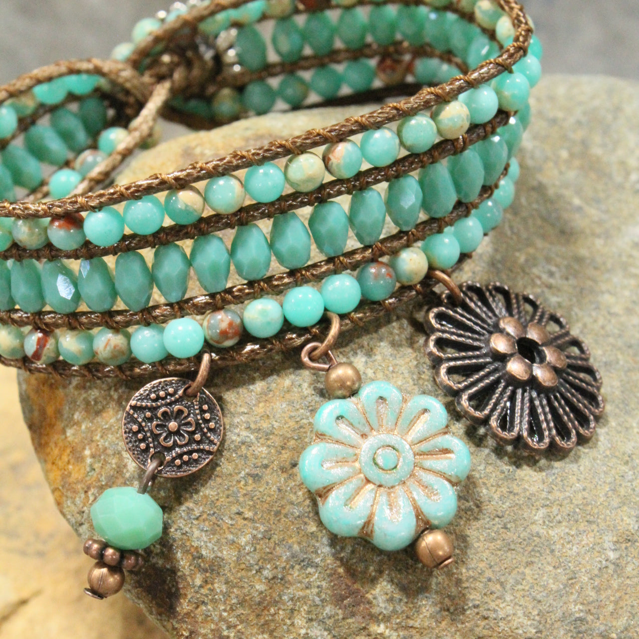 Copper, Leather, & Stone  Flower Charm Bracelet