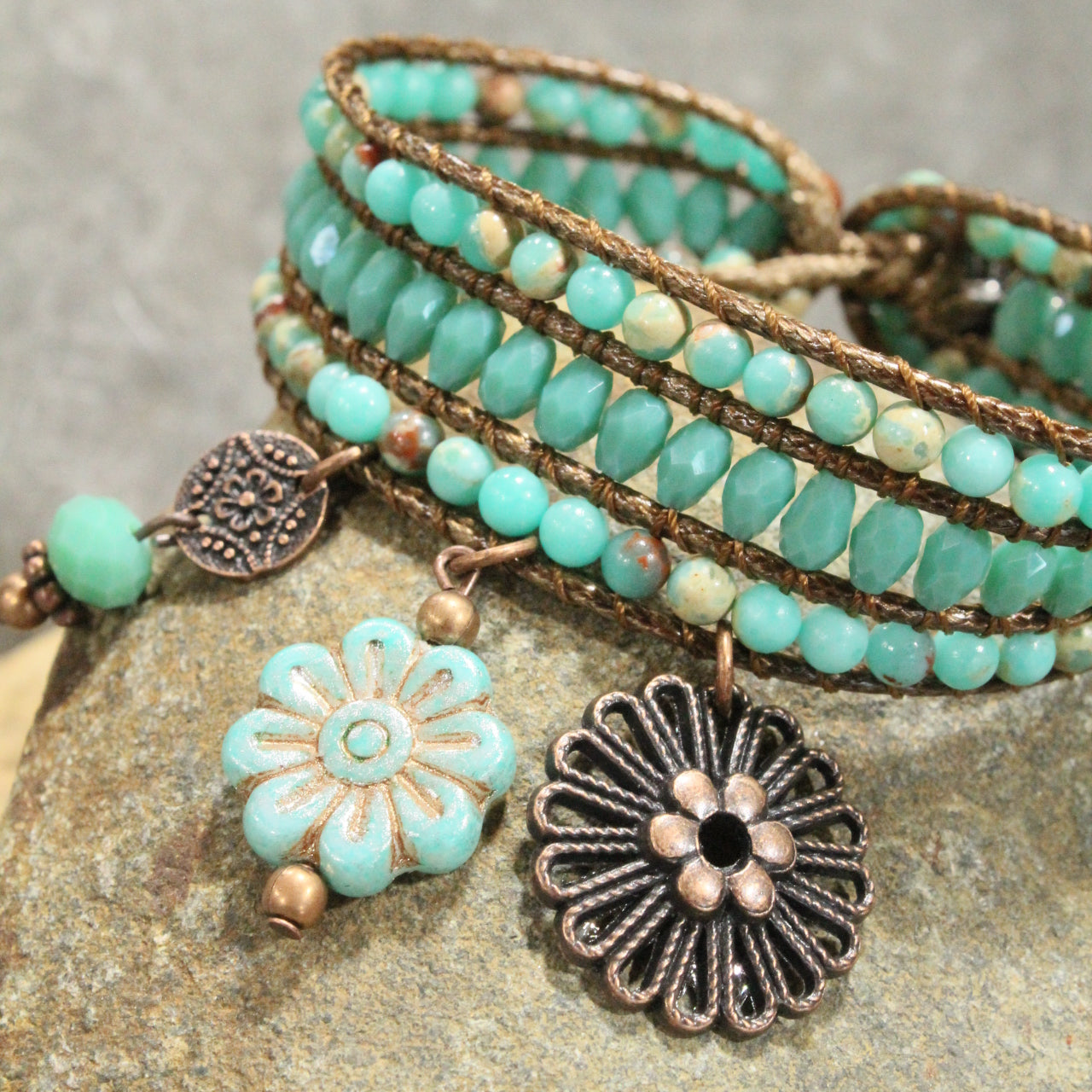 Copper, Leather, & Stone  Flower Charm Bracelet