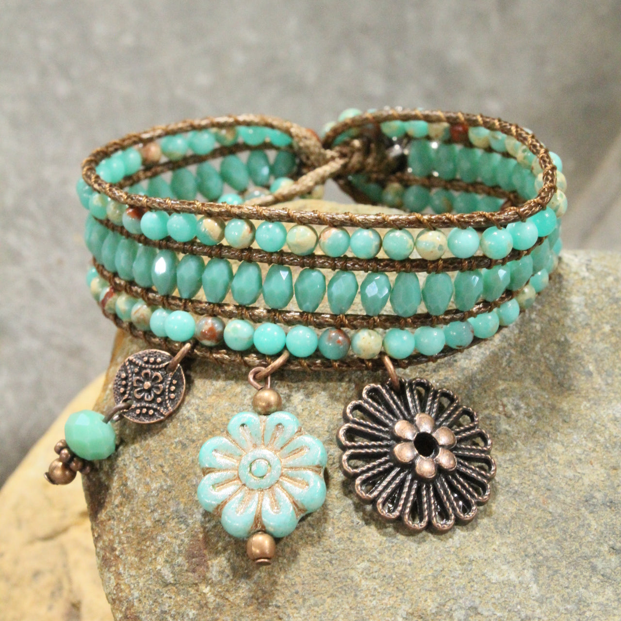 Copper, Leather, & Stone  Flower Charm Bracelet