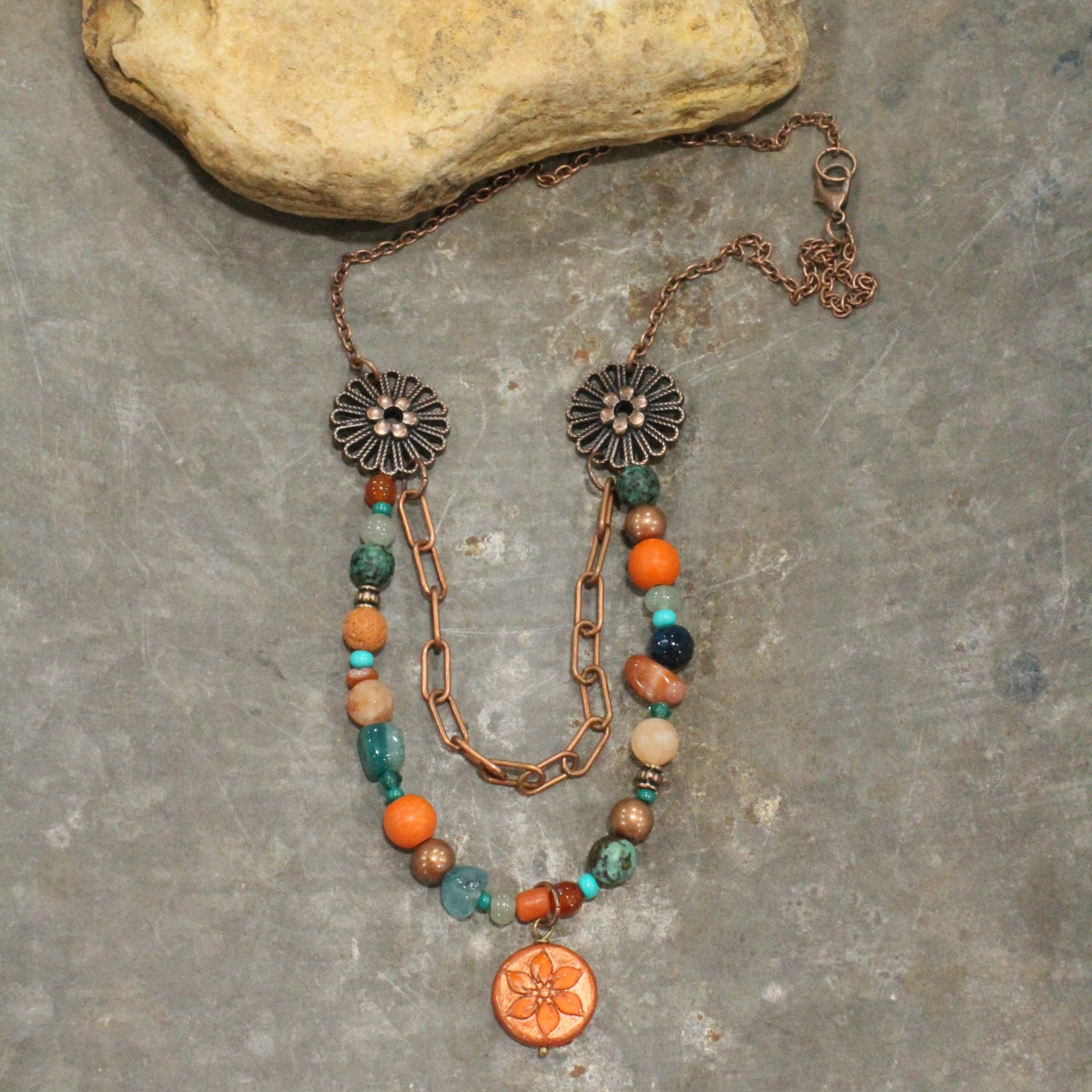 Metallic Wash Orange Flower Coin Bead Necklace