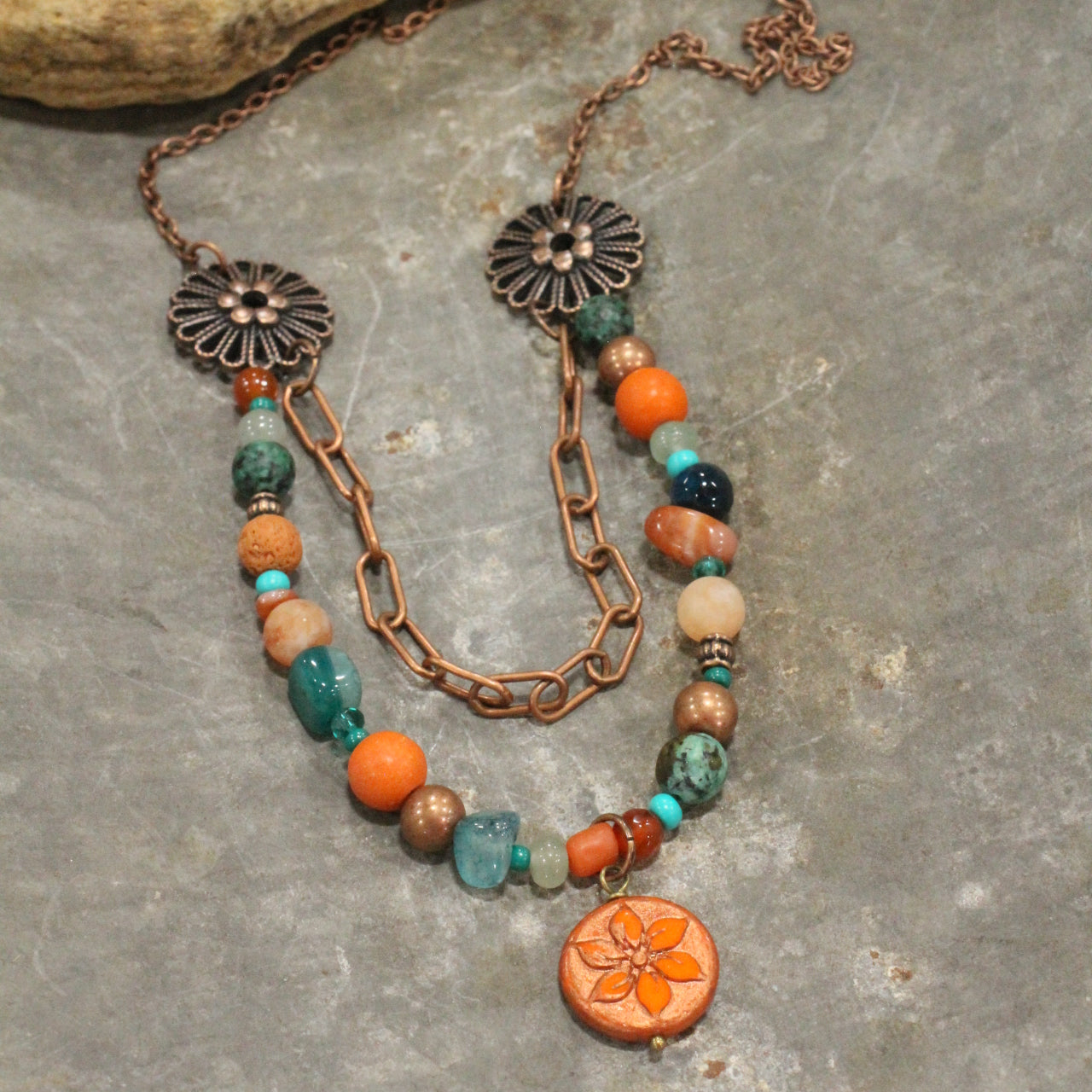 Metallic Wash Orange Flower Coin Bead Necklace