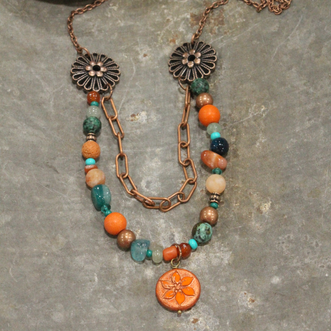 Metallic Wash Orange Flower Coin Bead Necklace