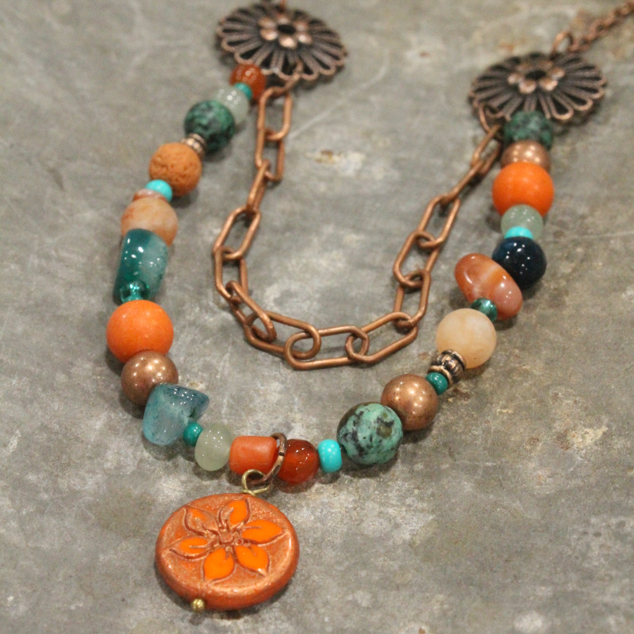 Metallic Wash Orange Flower Coin Bead Necklace