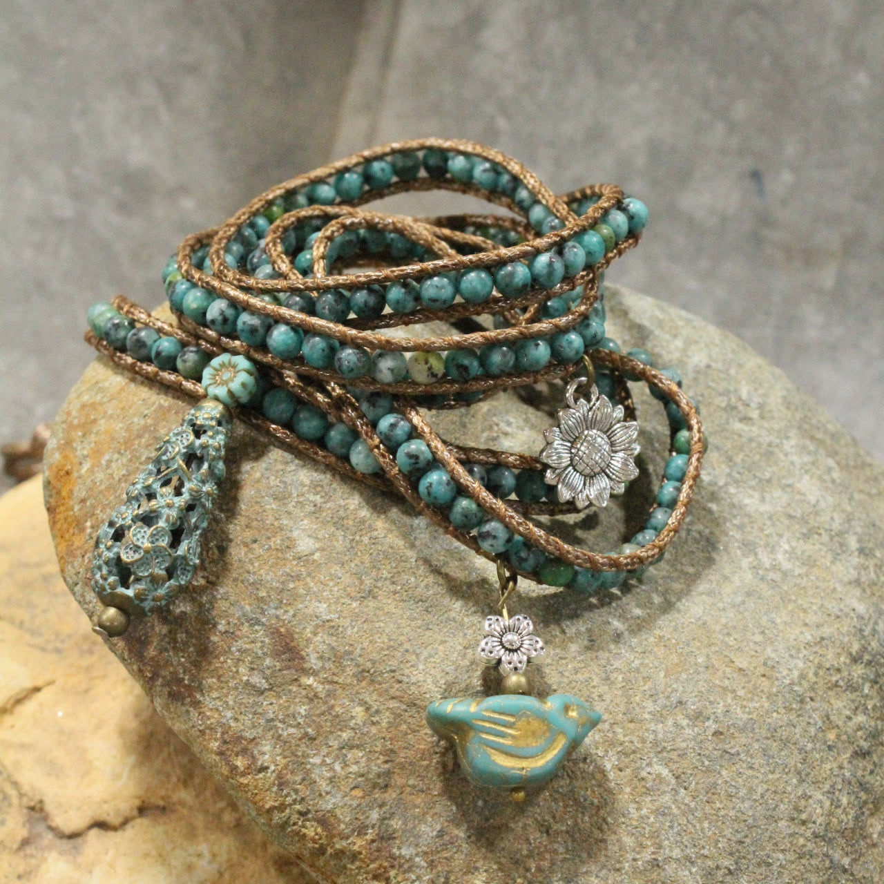 Czech Bird Watching Leather & Stone Flower Wrap Bracelet