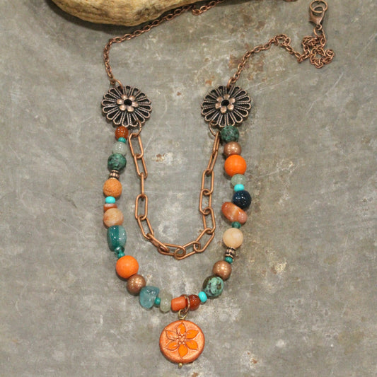 Metallic Wash Orange Flower Coin Bead Necklace