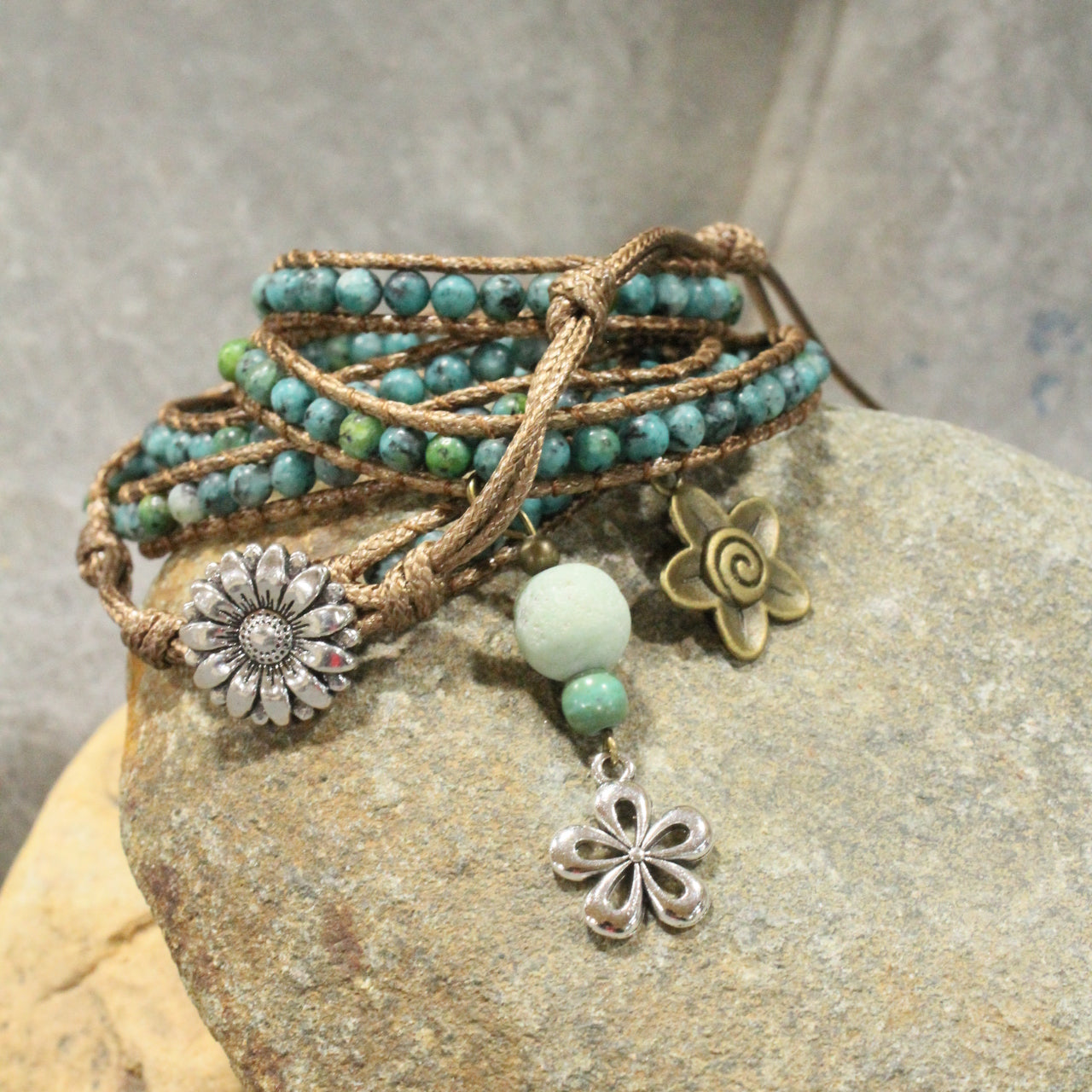 Czech Bird Watching Leather & Stone Flower Wrap Bracelet