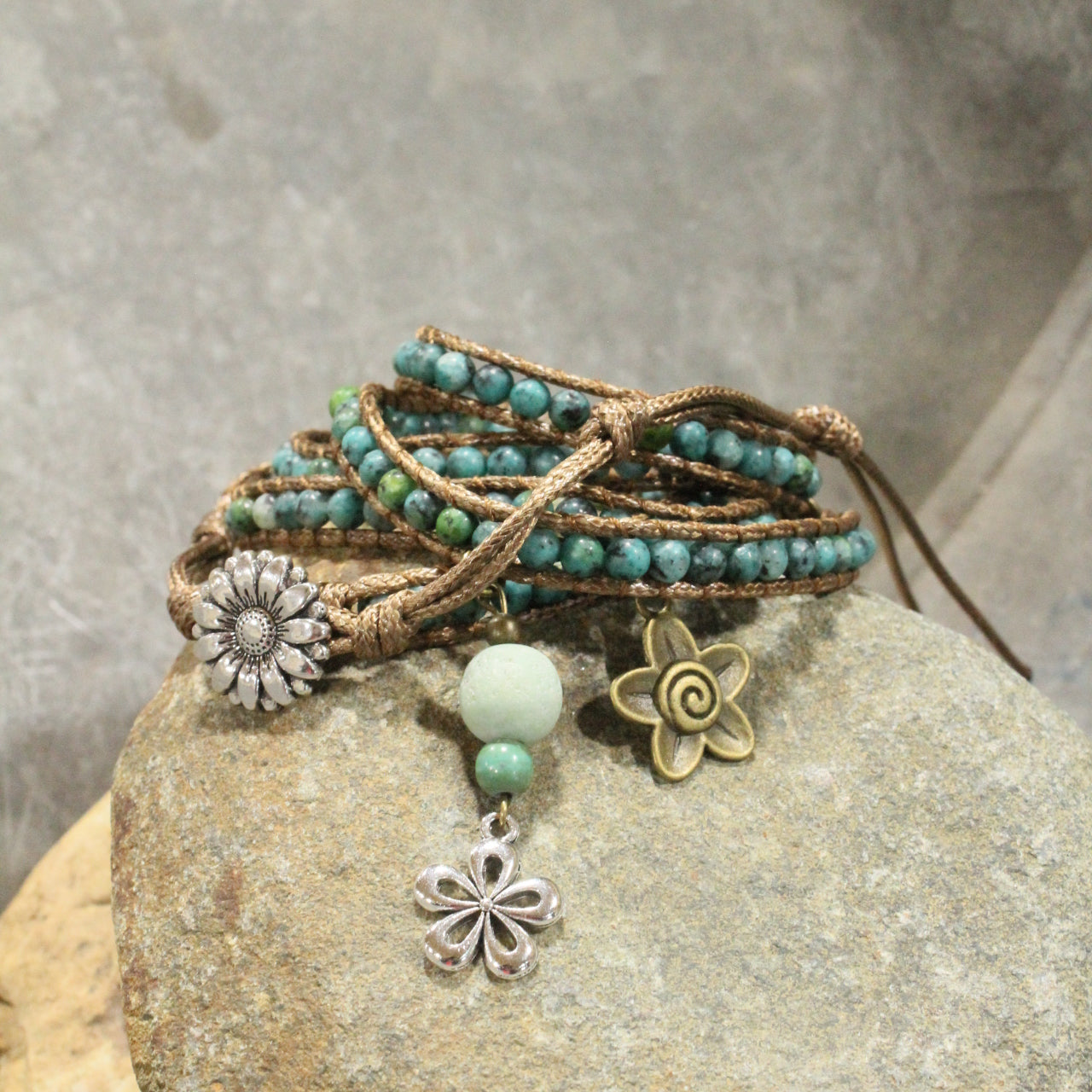 Czech Bird Watching Leather & Stone Flower Wrap Bracelet