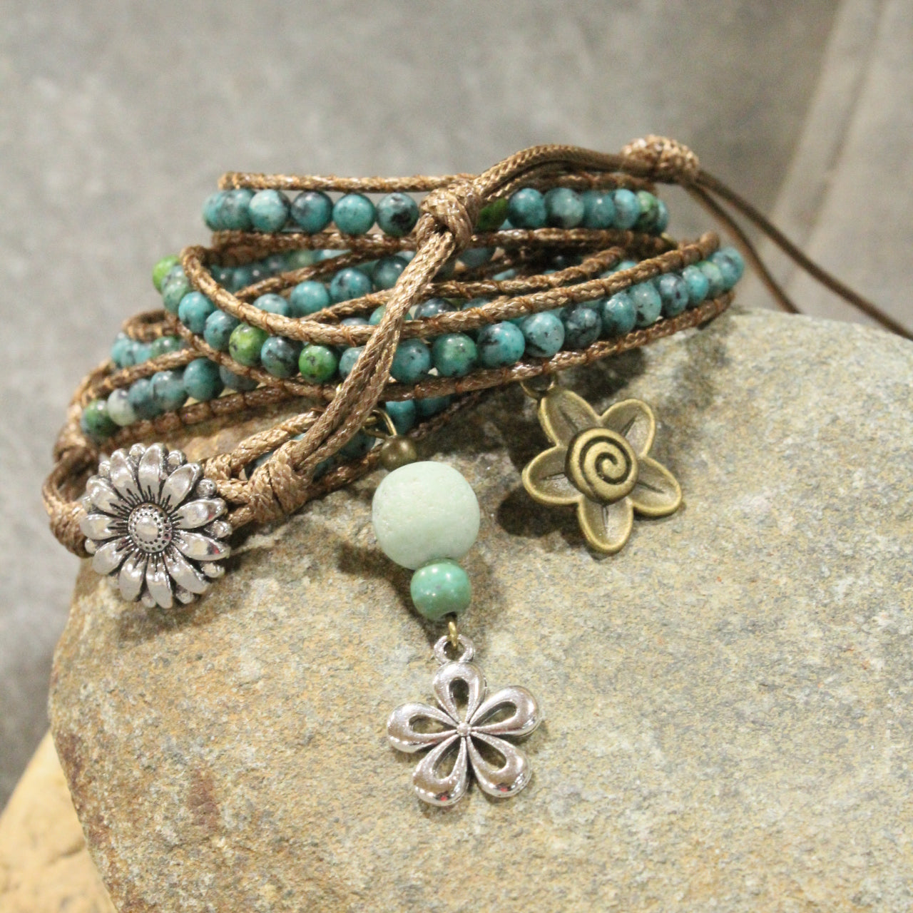 Czech Bird Watching Leather & Stone Flower Wrap Bracelet