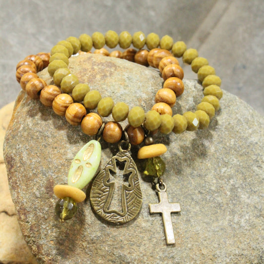 He Lives Stone & Czech Cross Bracelet Set