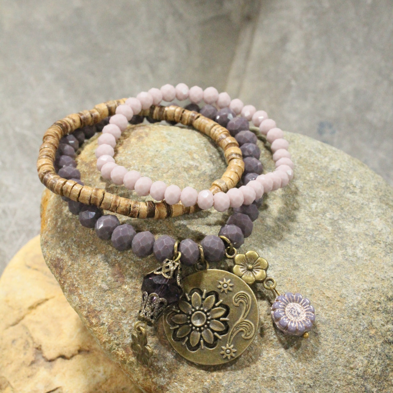 Purple Passion Blooming Flower Stretch Bracelet Set