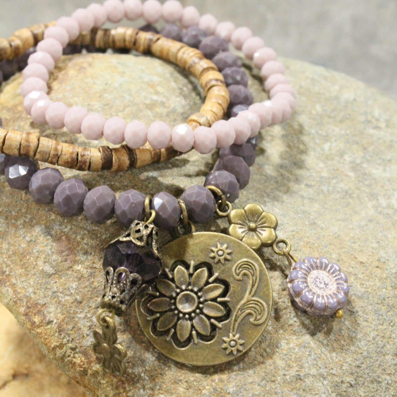 Purple Passion Blooming Flower Stretch Bracelet Set