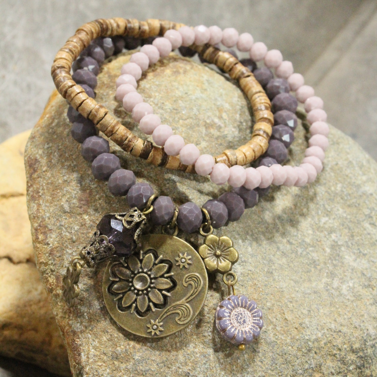 Purple Passion Blooming Flower Stretch Bracelet Set