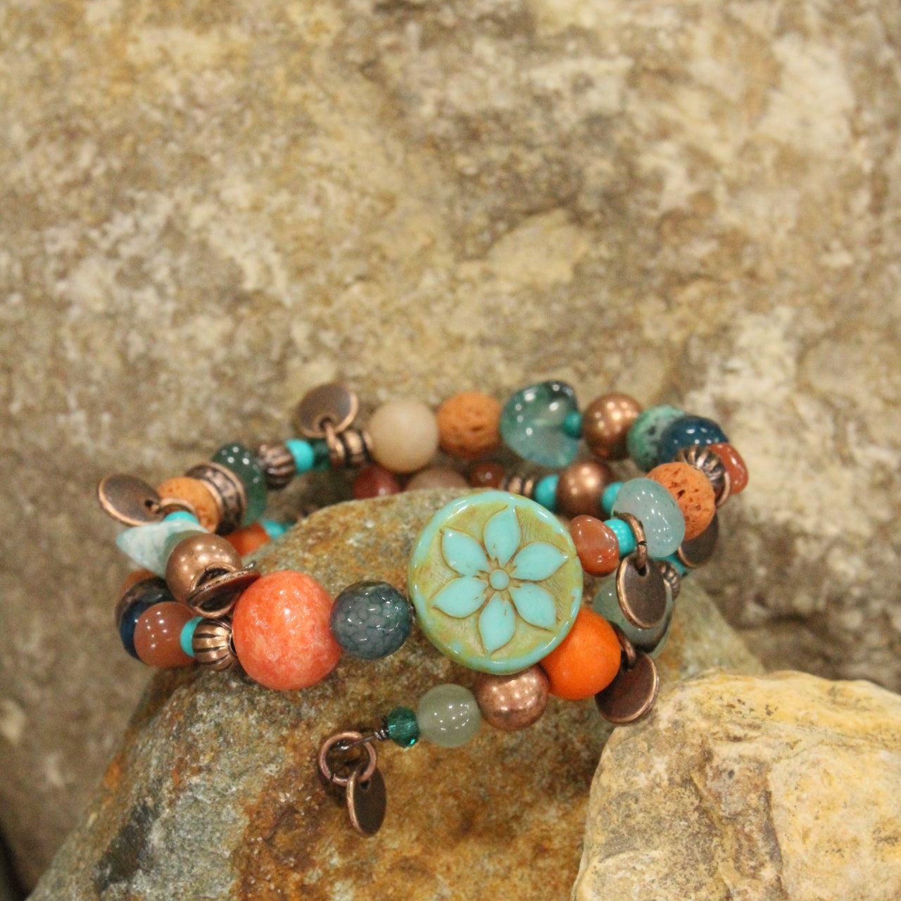 Turquoise Flower Coin Bead Wrap Bracelet