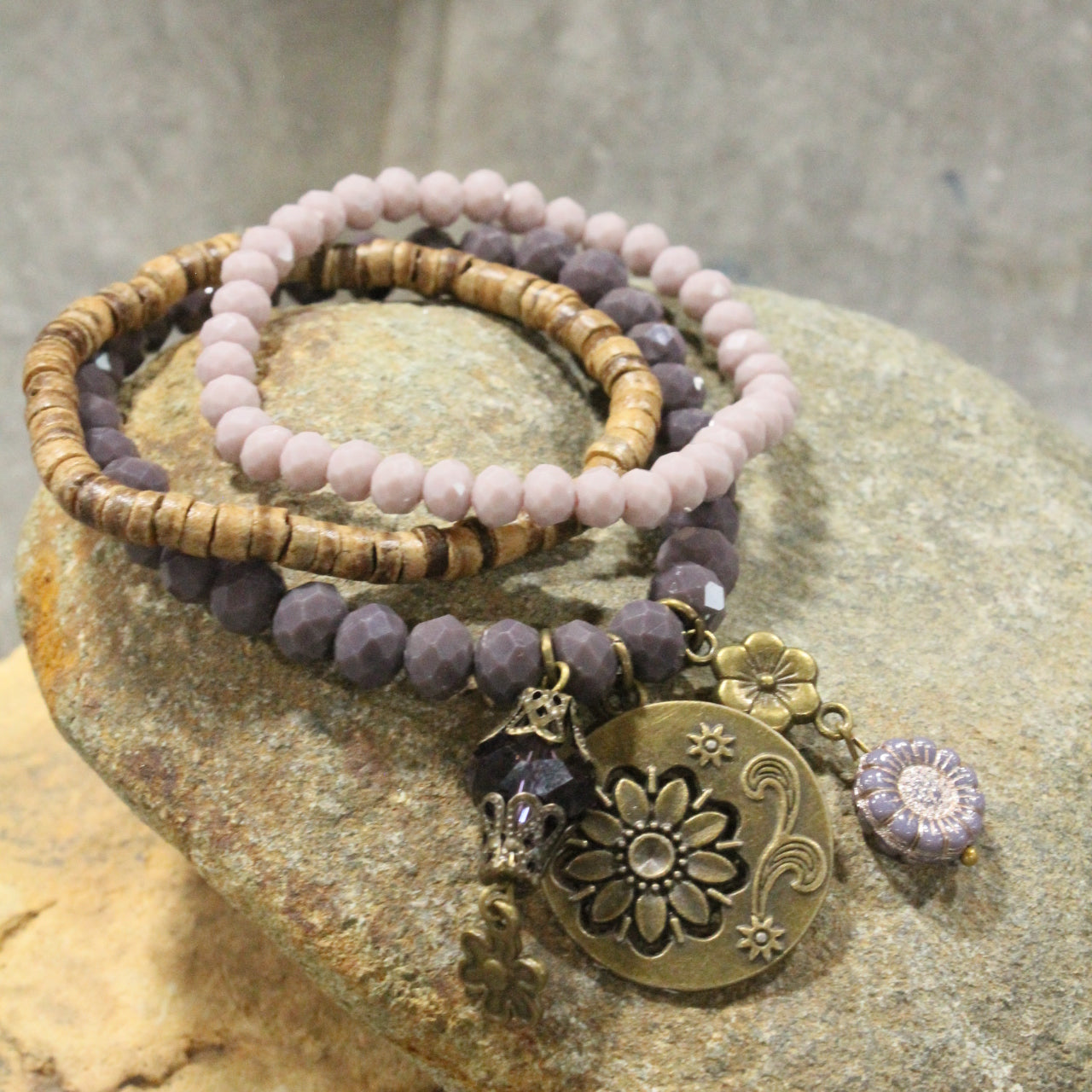 Purple Passion Blooming Flower Stretch Bracelet Set