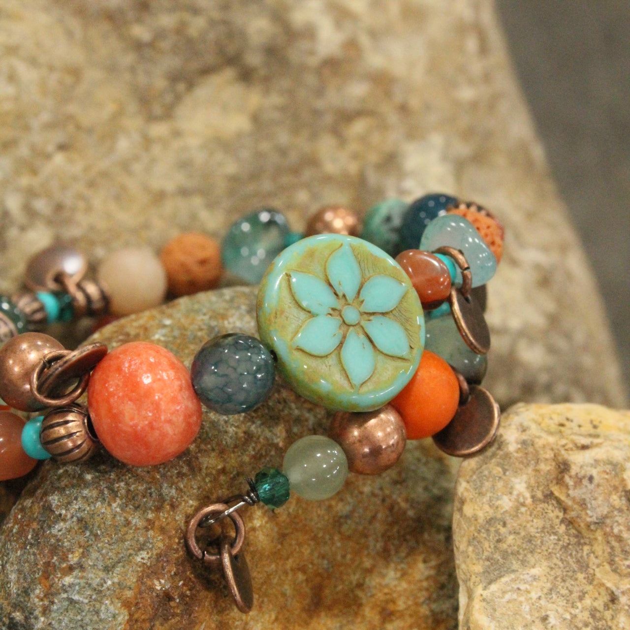 Turquoise Flower Coin Bead Wrap Bracelet