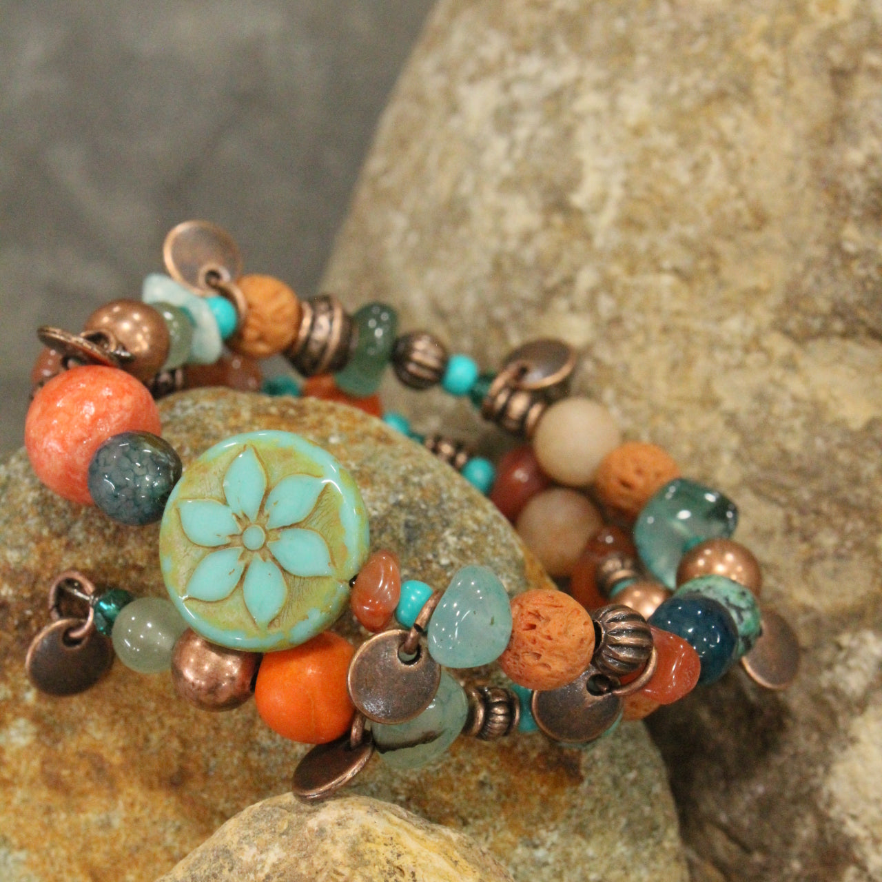 Turquoise Flower Coin Bead Wrap Bracelet