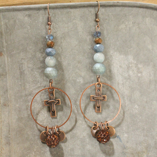 Copper Cross & Stone Dangle Drop Earrings