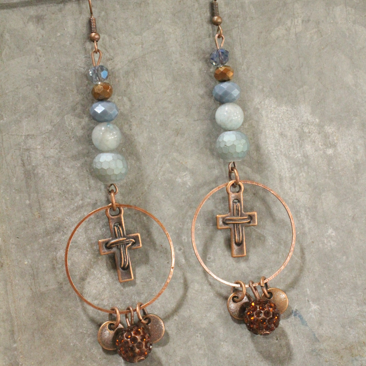 Copper Cross & Stone Dangle Drop Earrings