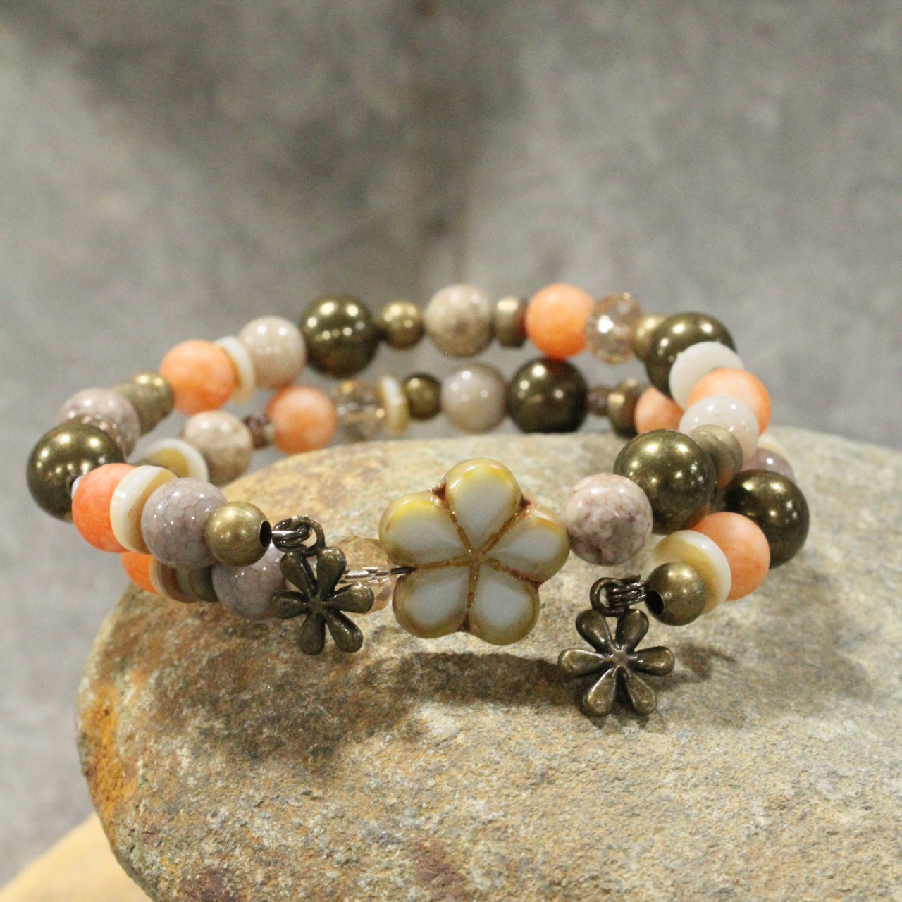 Czech Glass Flower Peach Parfait Wrap Bracelet